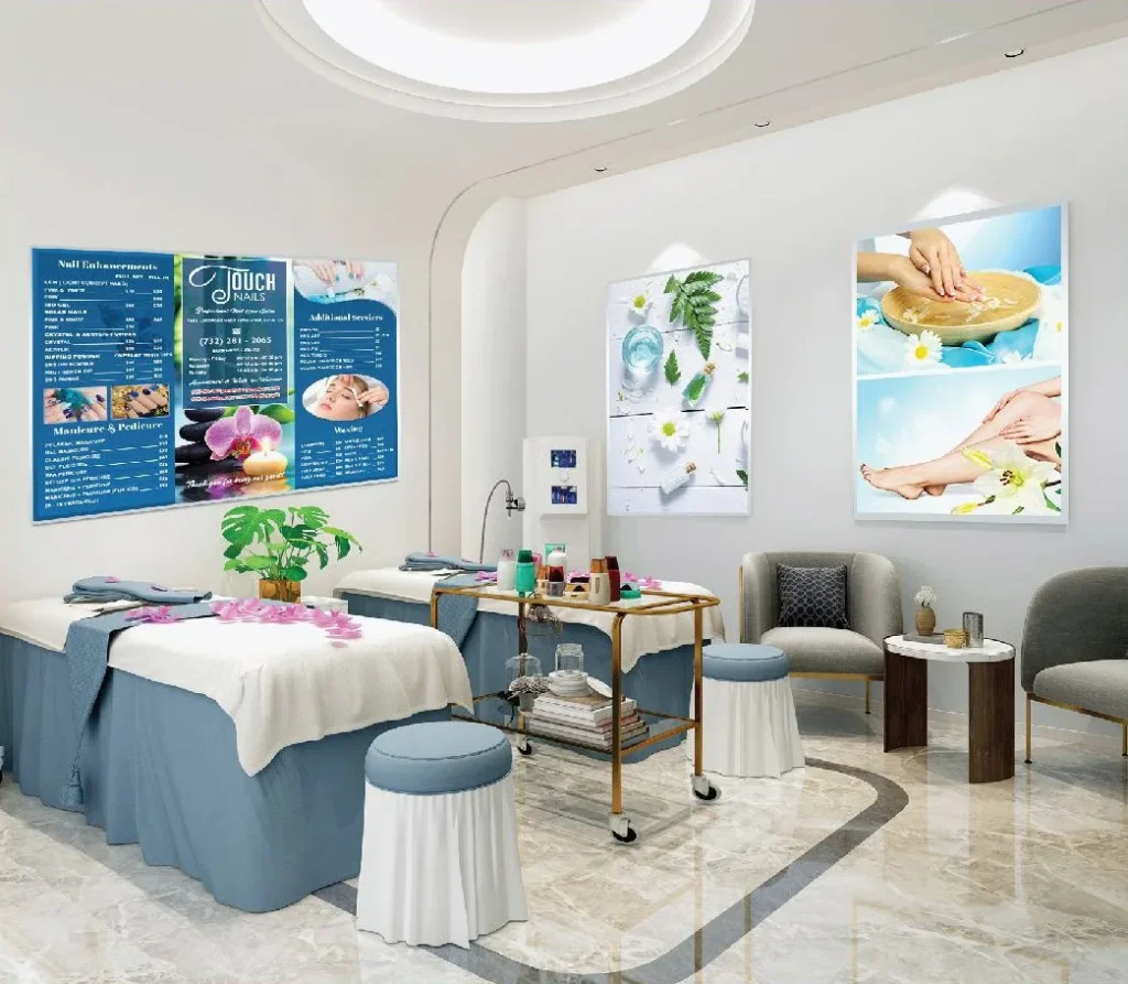 A wall menu printed by Dreamer, organized by service type and easy to read from the chair