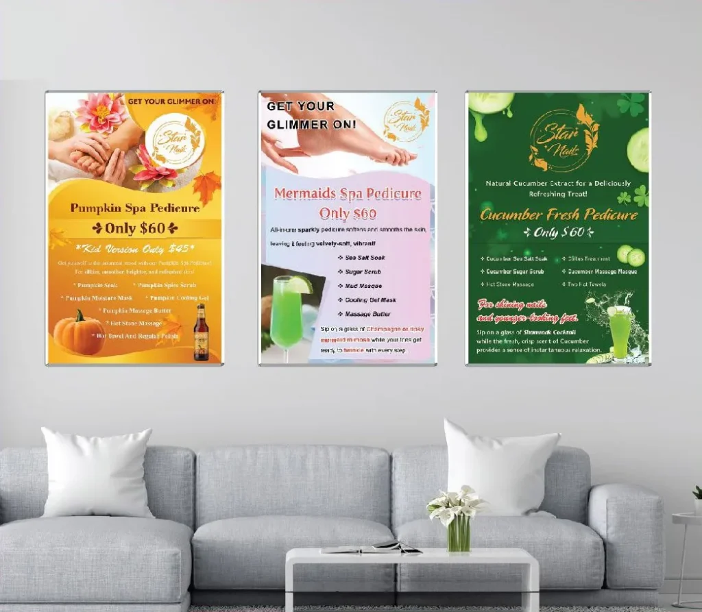 Wall menu hanging in a nail salon